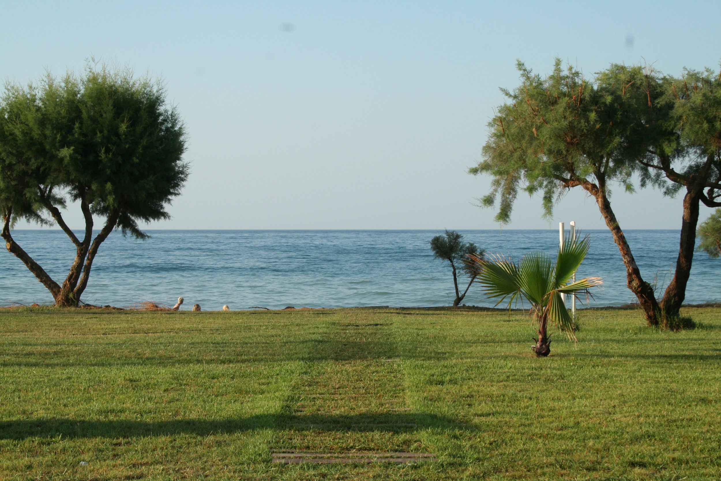 
Green lawn with trees leading to the calm sea at Maleme Beach