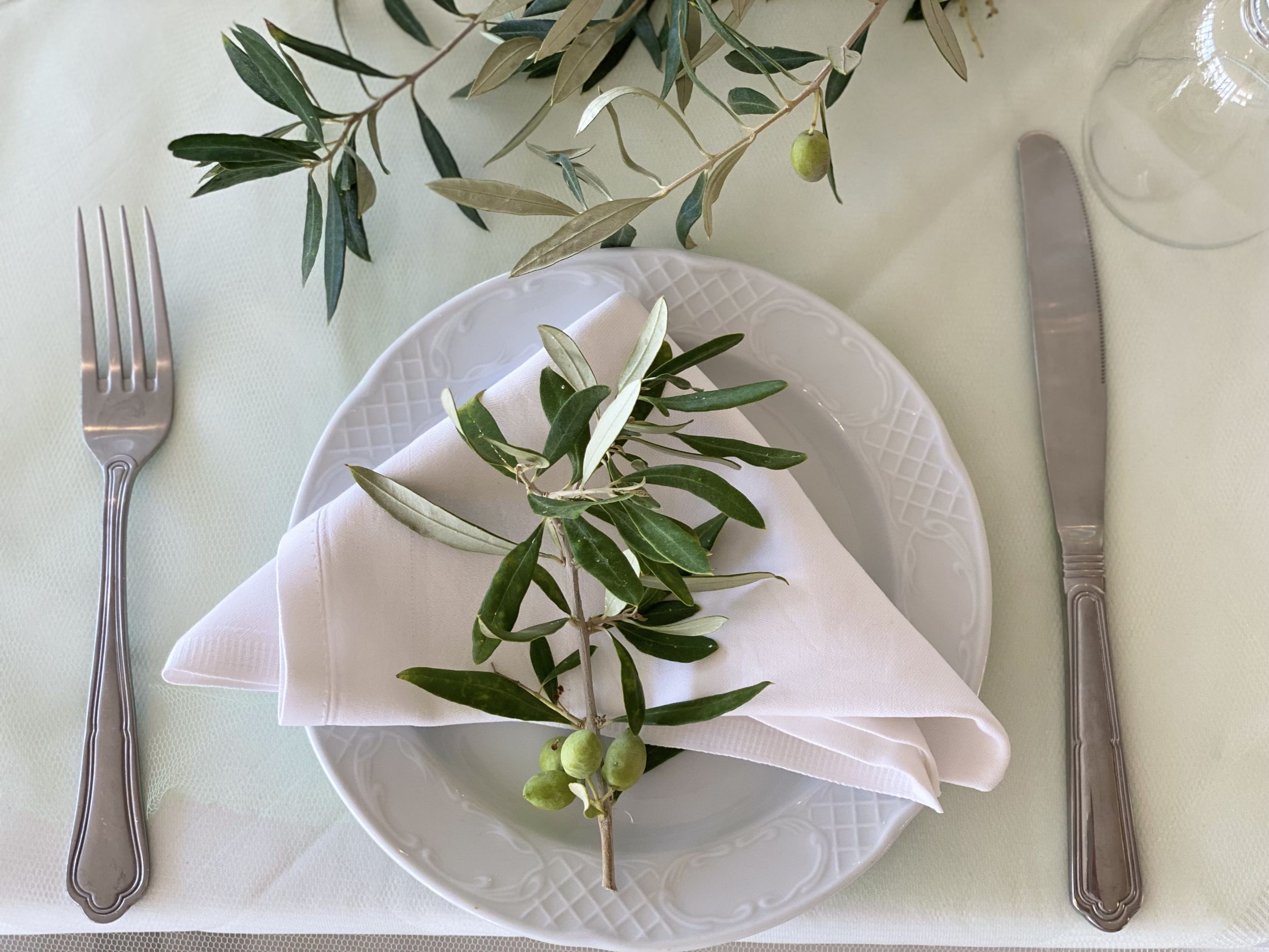 
Elegant table setting with folded white napkin and fresh olive branch placed on a white plate