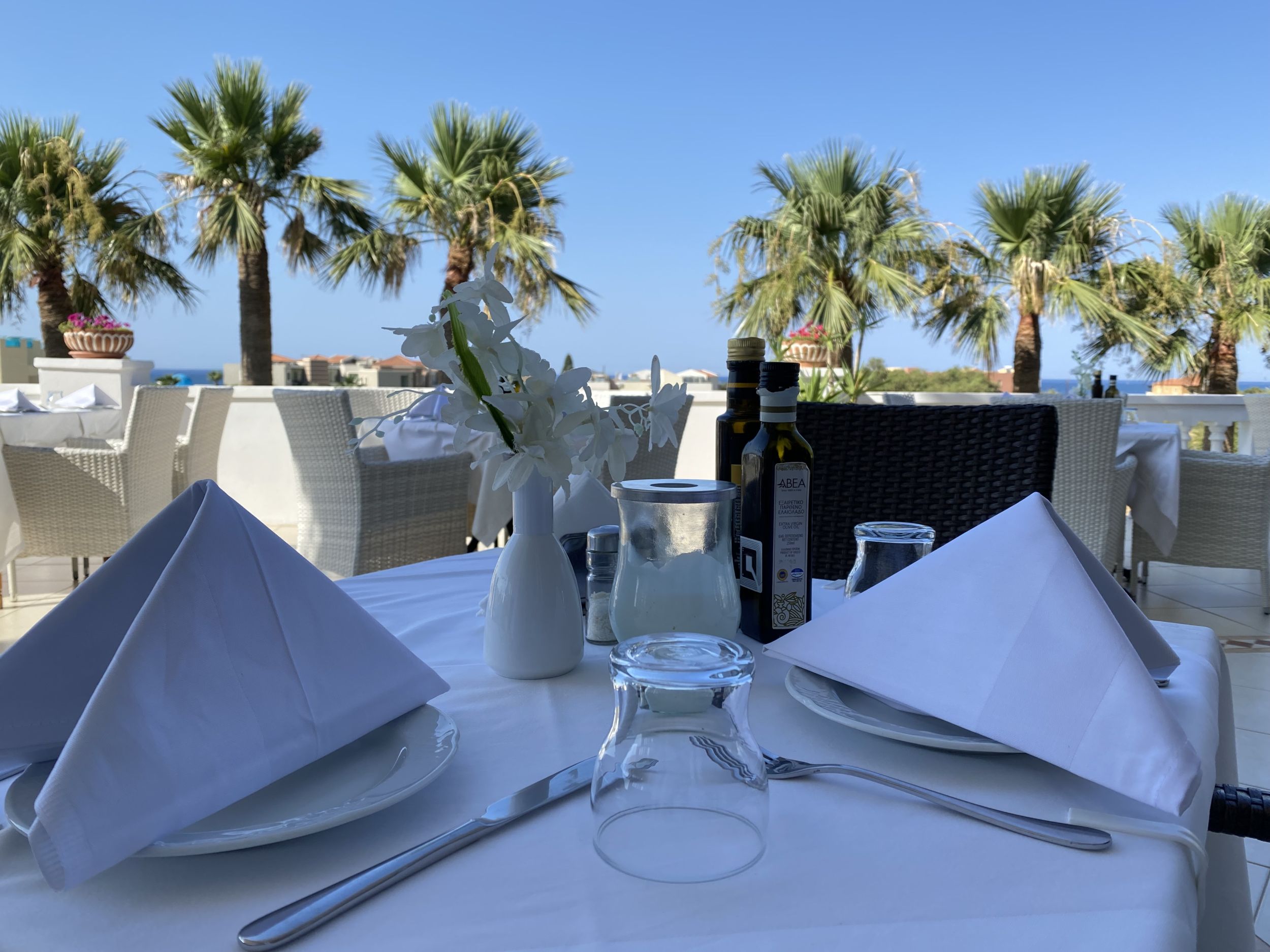 
Elegant outdoor table setting with folded napkins and sea-view palm trees at Mike Hotel Apartments
