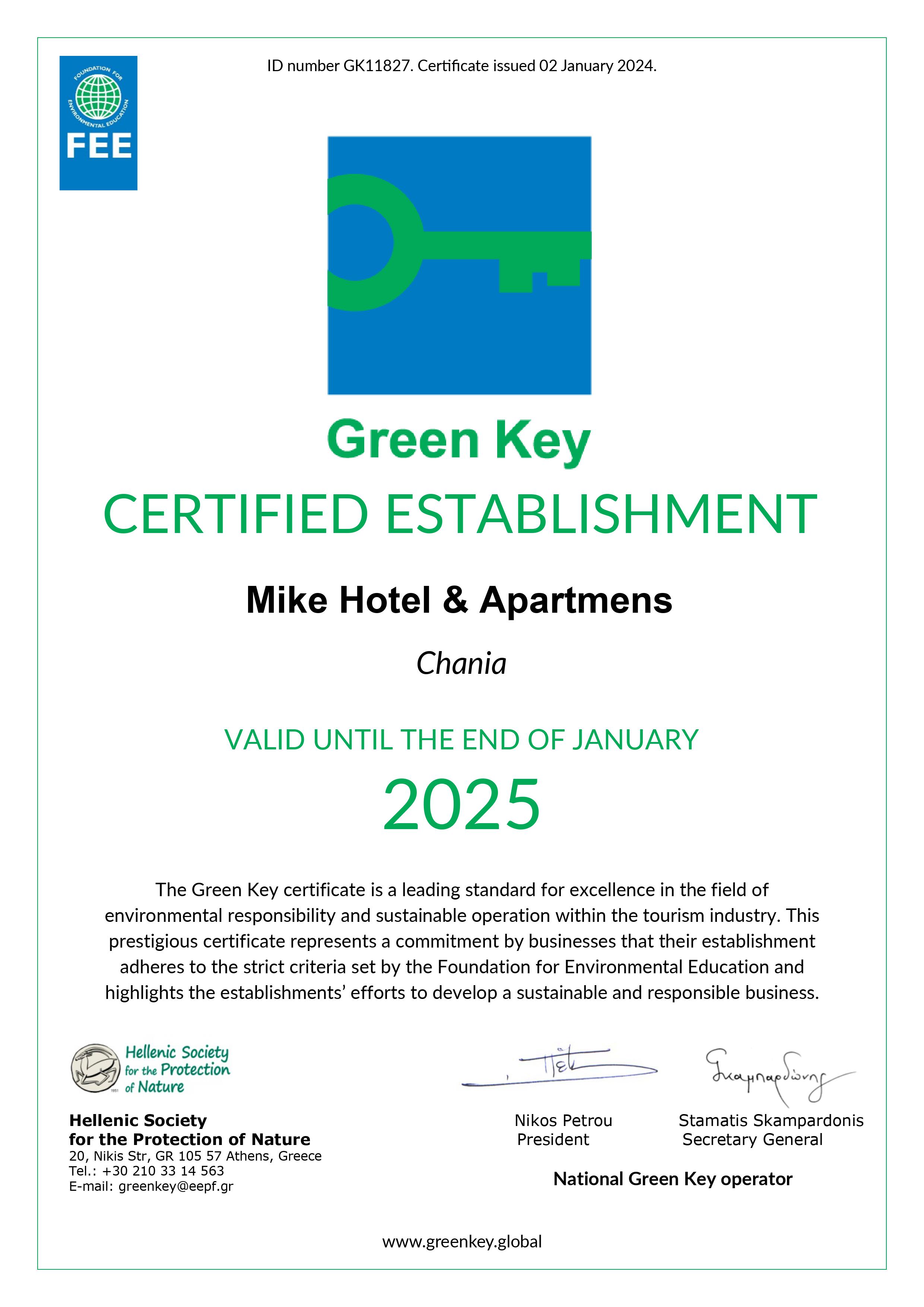 Award Mike Hotel Apartments Green Key 2025