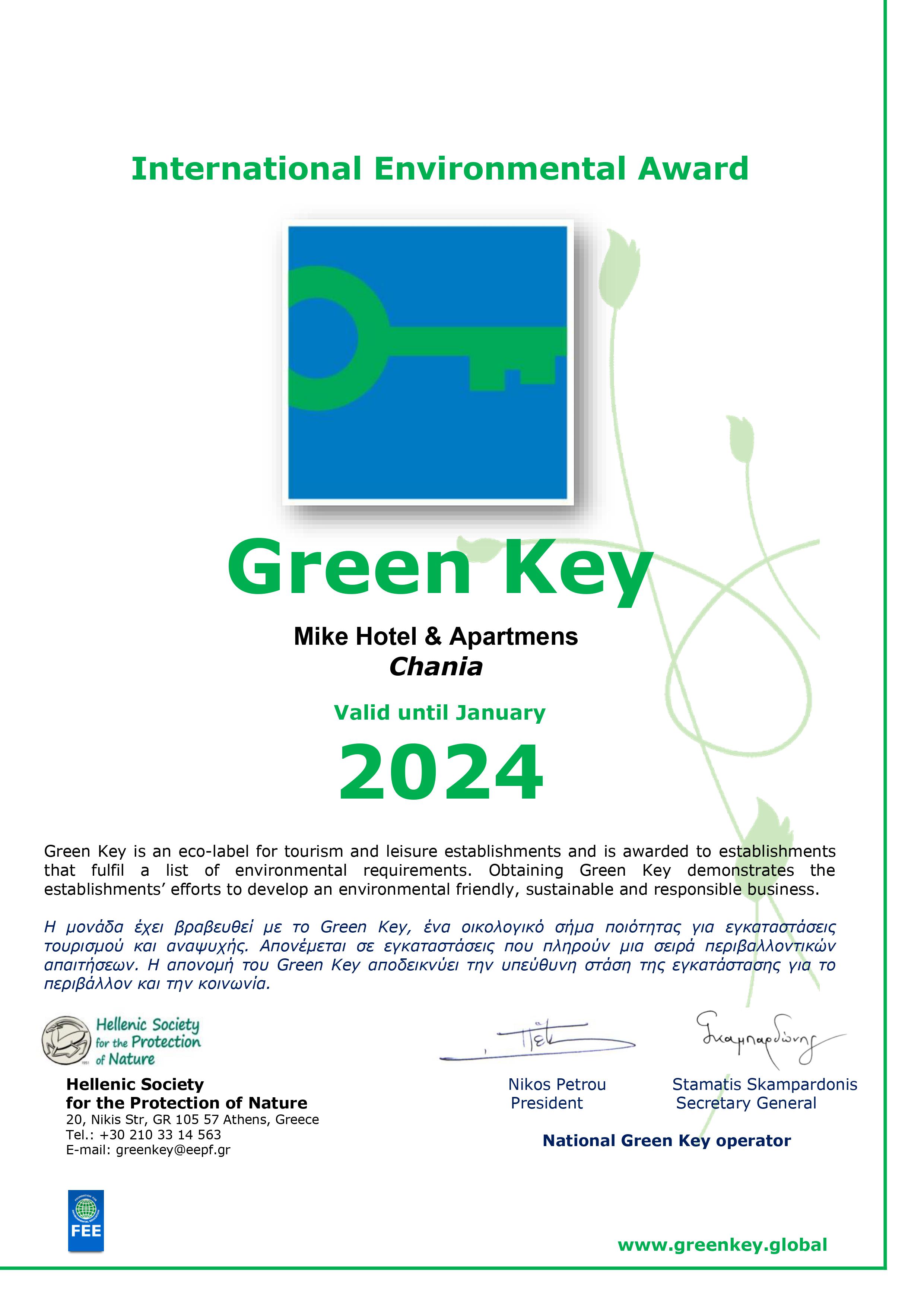 Award Mike Hotel Apartments Green Key 2024