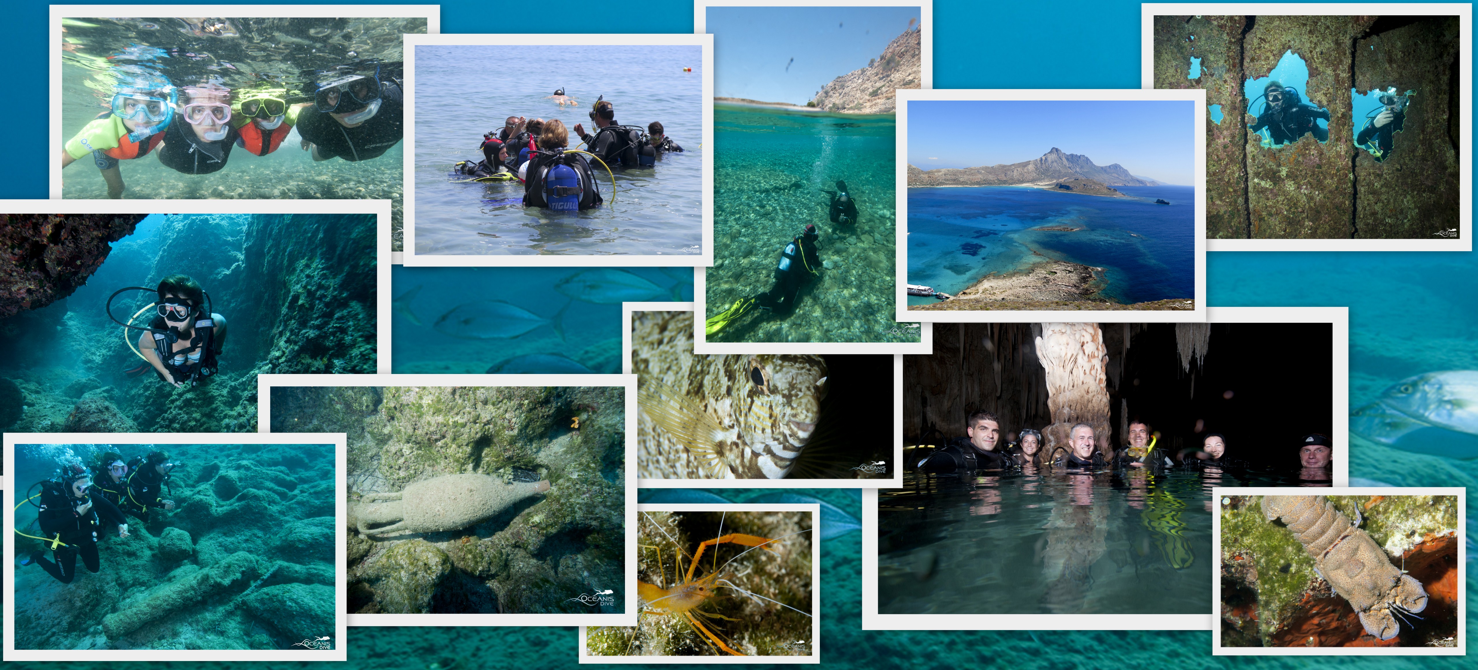 
Underwater adventure collage featuring scuba divers, sea caves, marine life and crystal-clear waters around Crete